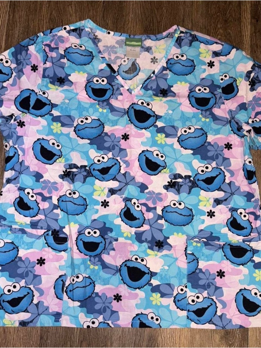 Y2K Cookie Monster floral scrub top
